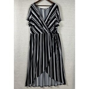 Avenue 26/28 Wrap Style Dress Black White Long Maxi Cap Sleeve Womens Plus Size